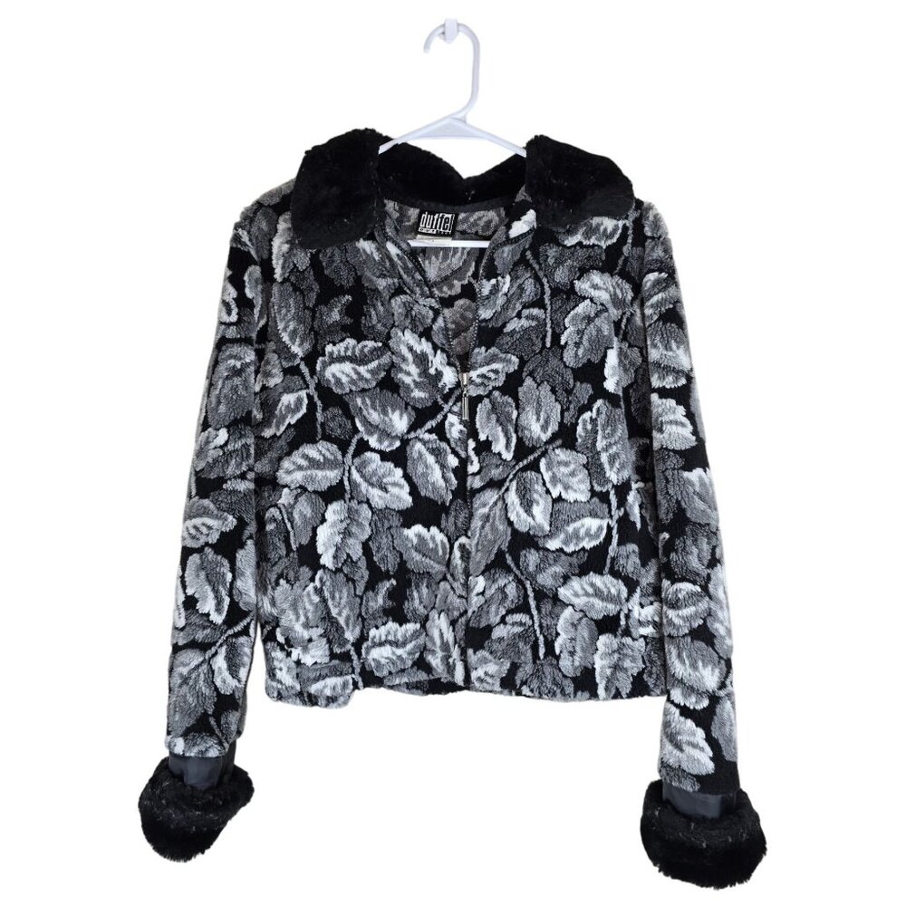 Vintage Duffel Outdoor‎ Black & Gray Faux Fur Floral Cropped Jacket Small
